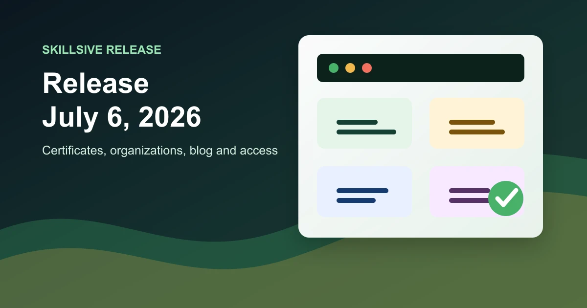 Skillsive release board with cards for certificates, organizations, VR apps and the blog