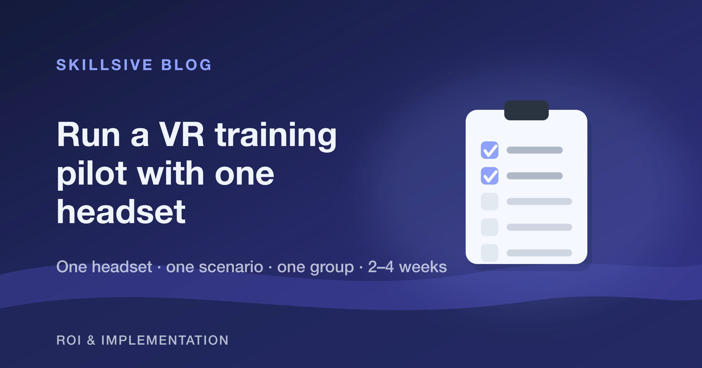 Single VR headset on a desk next to a short pilot checklist and a results chart