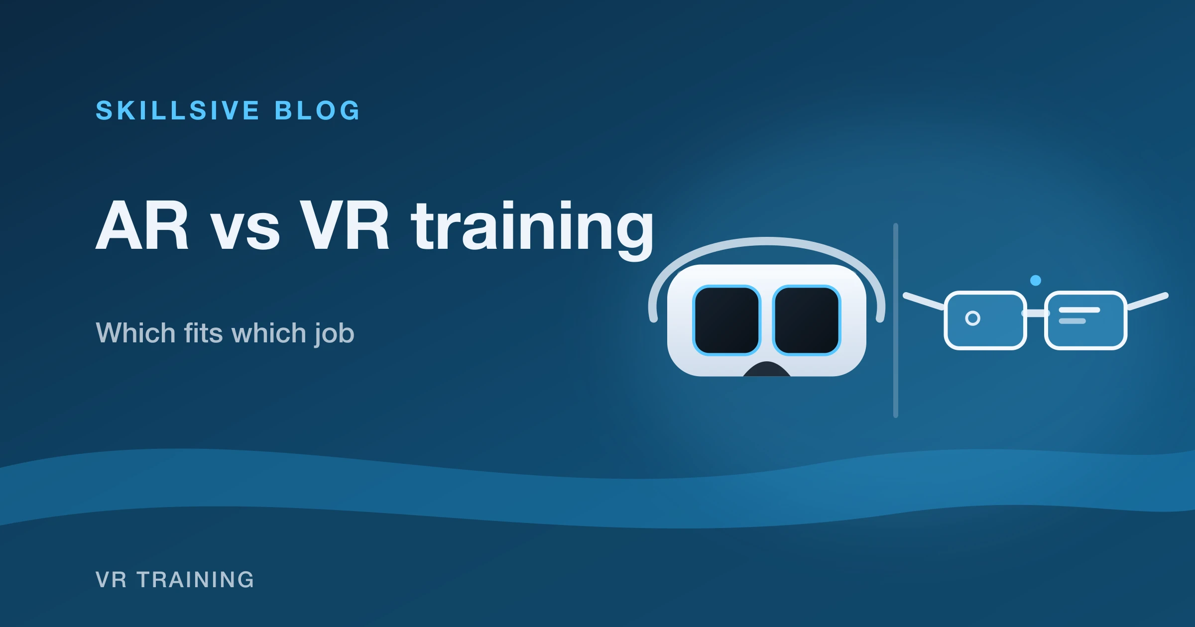 Illustration of a VR headset on the left and a pair of AR smart glasses on the right, side by side